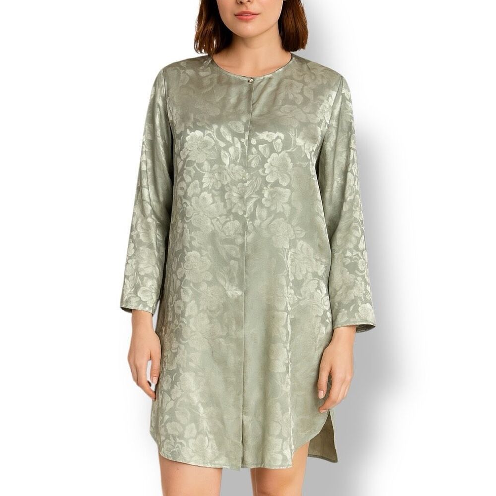 Vintage Night Gown Pastel Green Embossed Floral Detail Satin Sleep Shirt Large